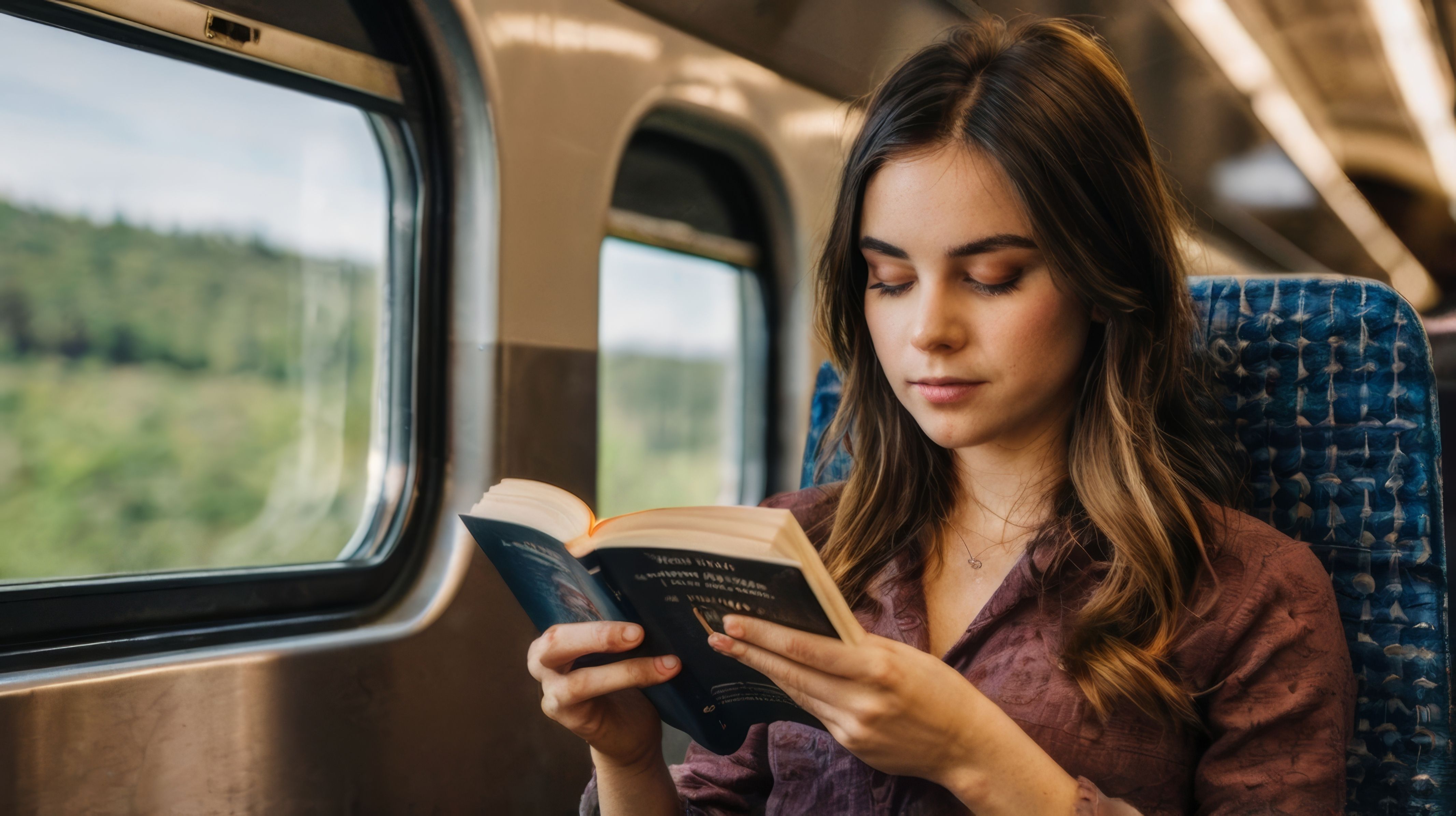 Жінка читає книгу в поїзді